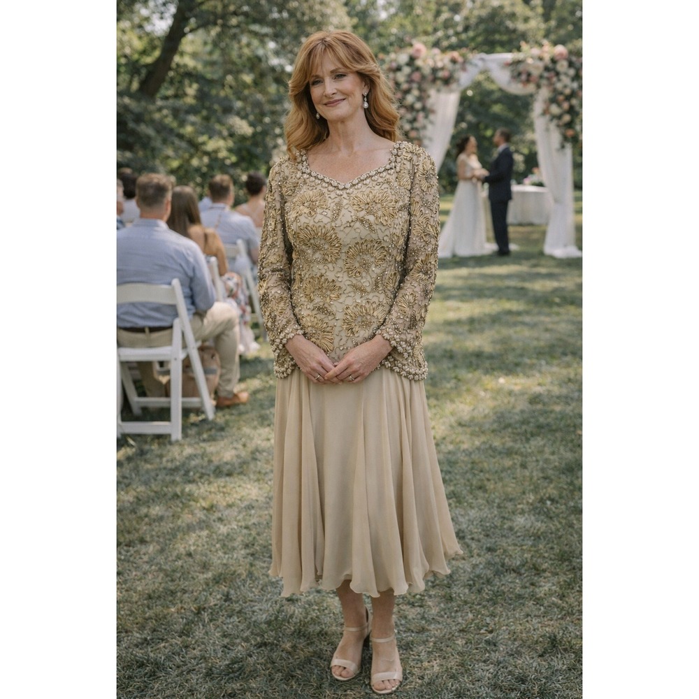 Wedding Vacation Elegant Vintage Pearls Beads‎ Chiffon Taupe Silk 12 Midi Dress